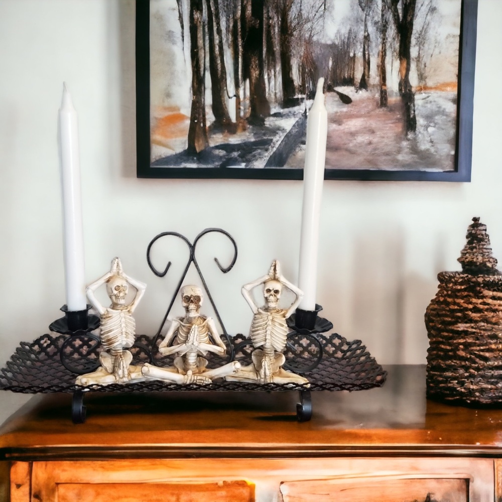 Vintage Black Metal Candle Holder with Three Yoga Skeletons